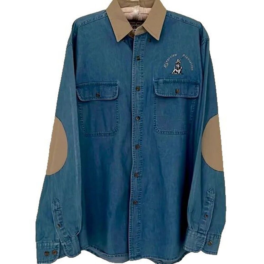 Vintage Wrangler Rugged Wear Men’s Large Denim Shirt Embroidered with Elbow Patc